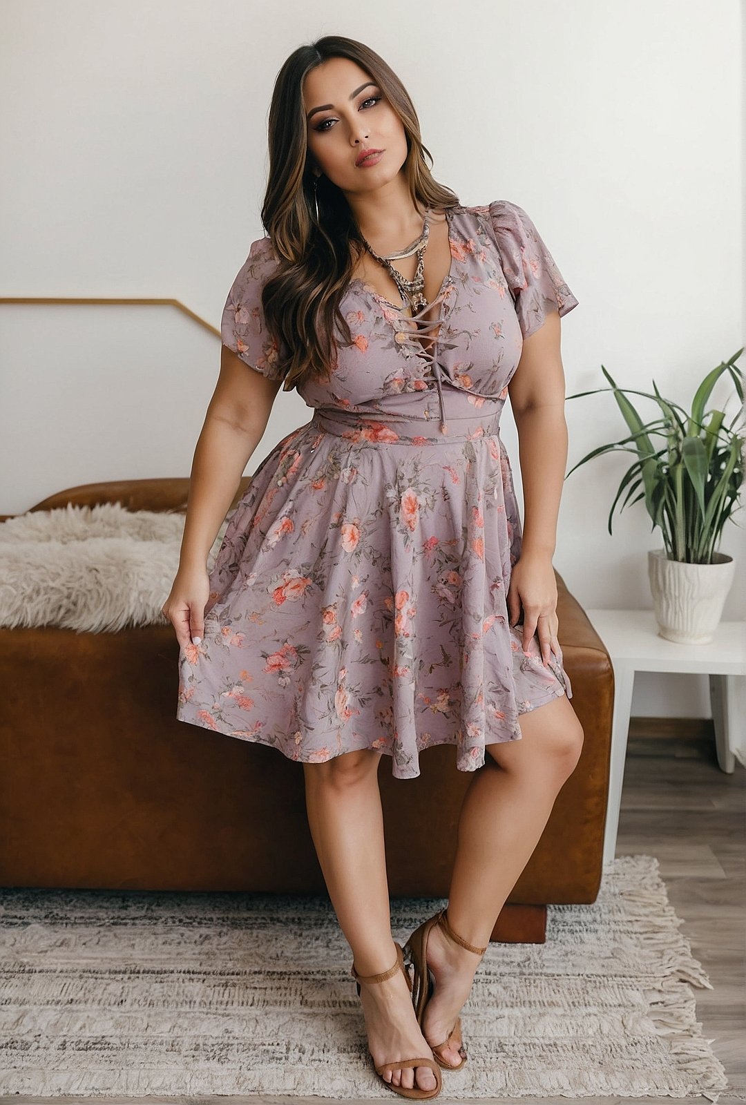 Floral Lace-up Midi Dress