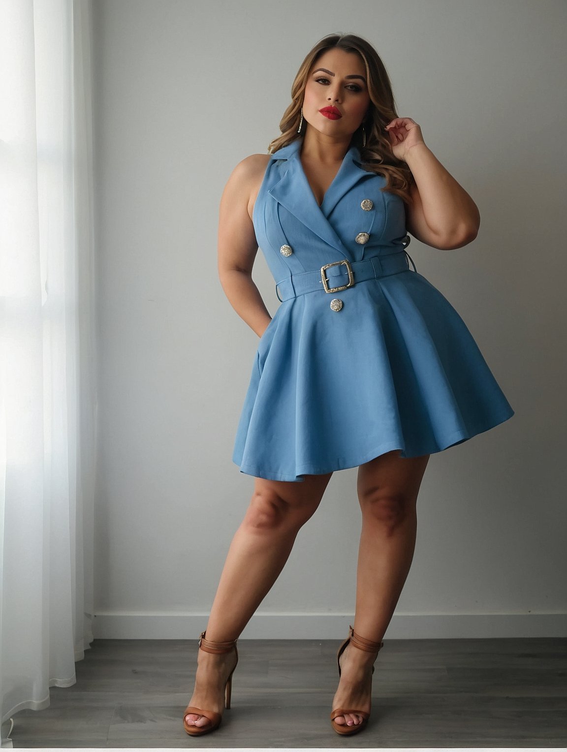 Sleek Blue Belted Mini Dress with Metallic Buttons