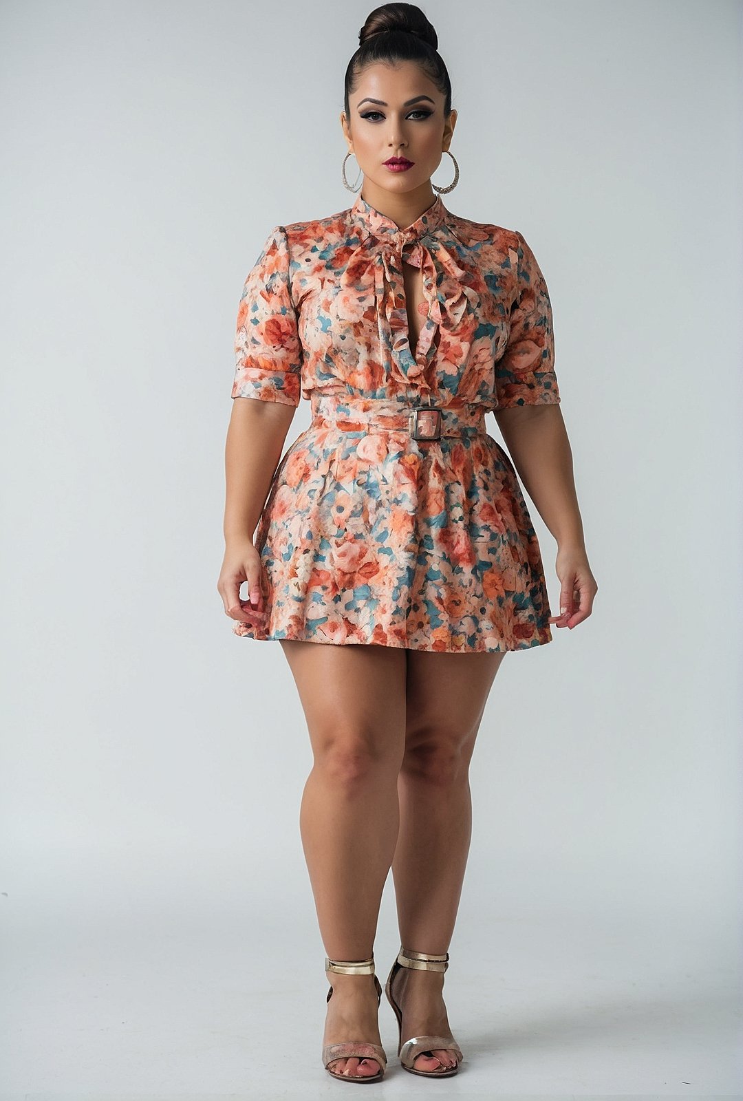 Peach Blossom Patterned Mini Dress with Tie-Neck