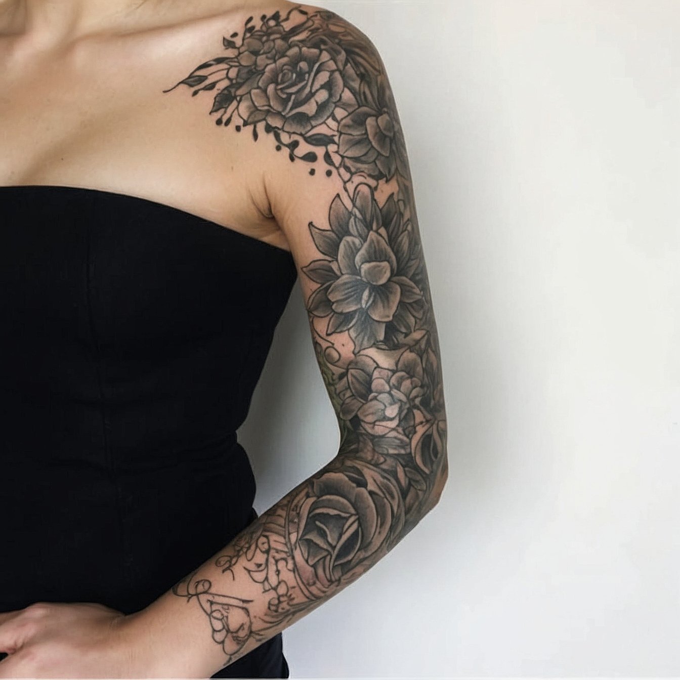 Monochrome Elegance: Full Arm Floral Tattoo Canvas