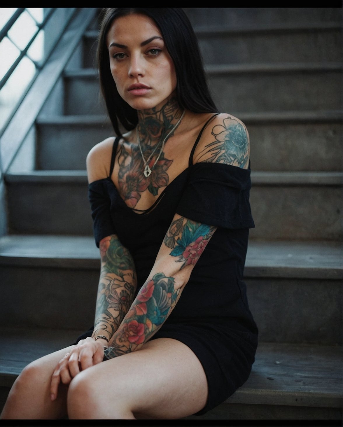 Inked Elegance: Sophisticated Throat and Arm Tattoo Ensemble