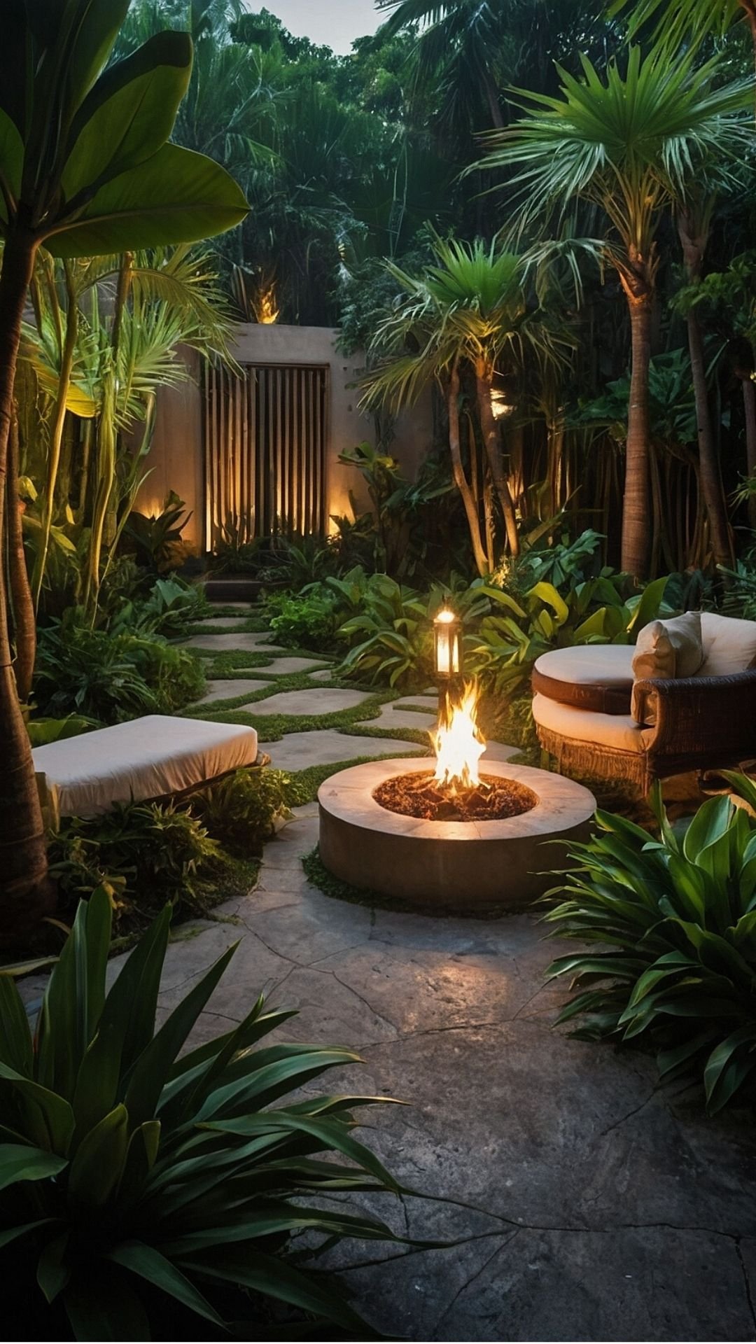 Enchanted Evening: Firelit Tropical Garden Pathway
