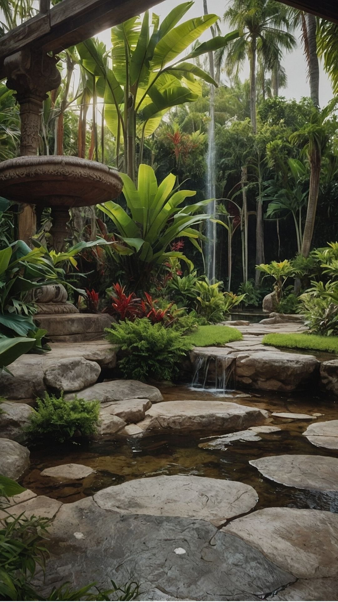 Serenity Falls: Tranquil Tropical Garden with Water Feature