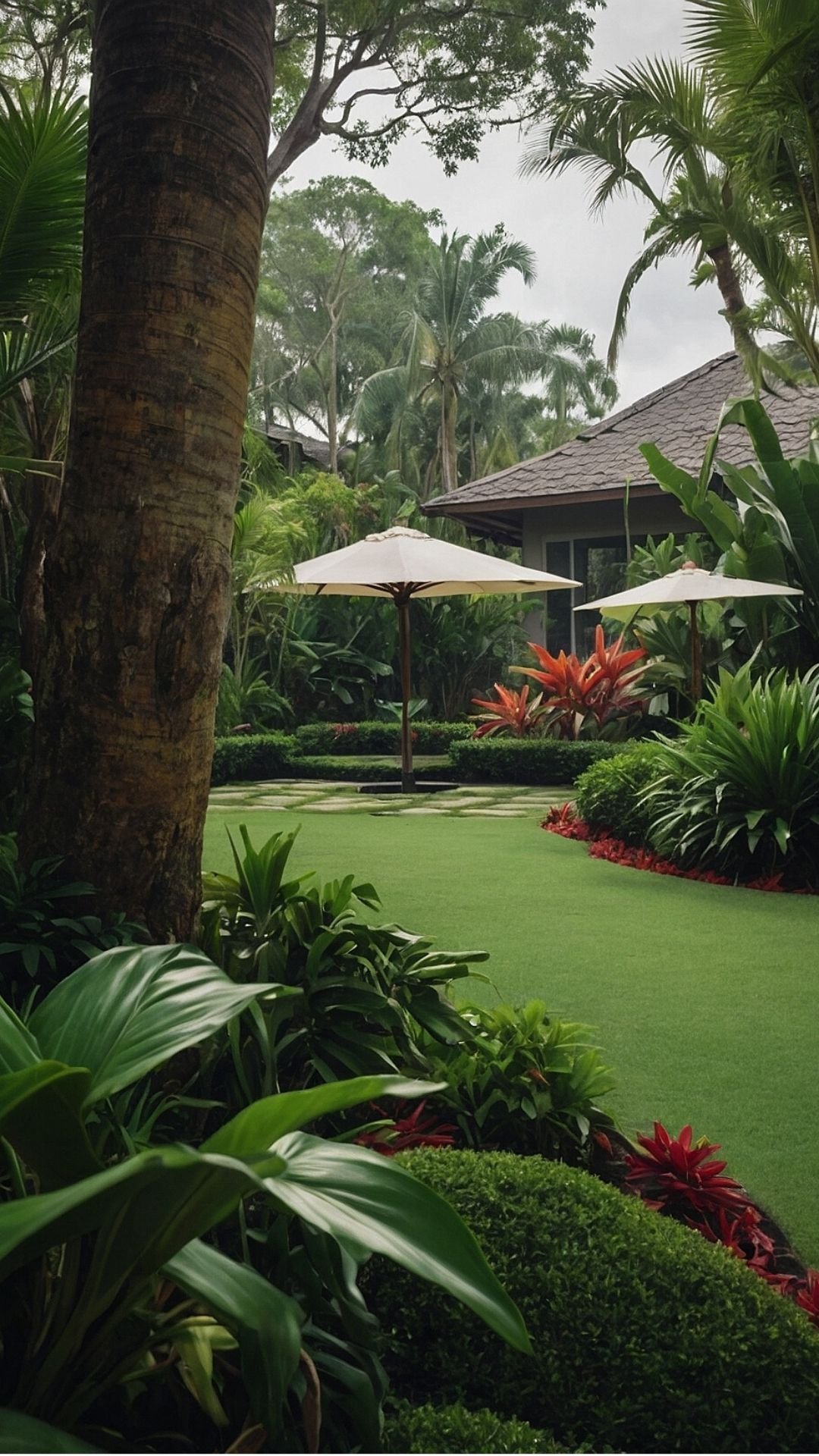 Tropical Oasis: Luxurious Garden with Sun Loungers and Umbrellas