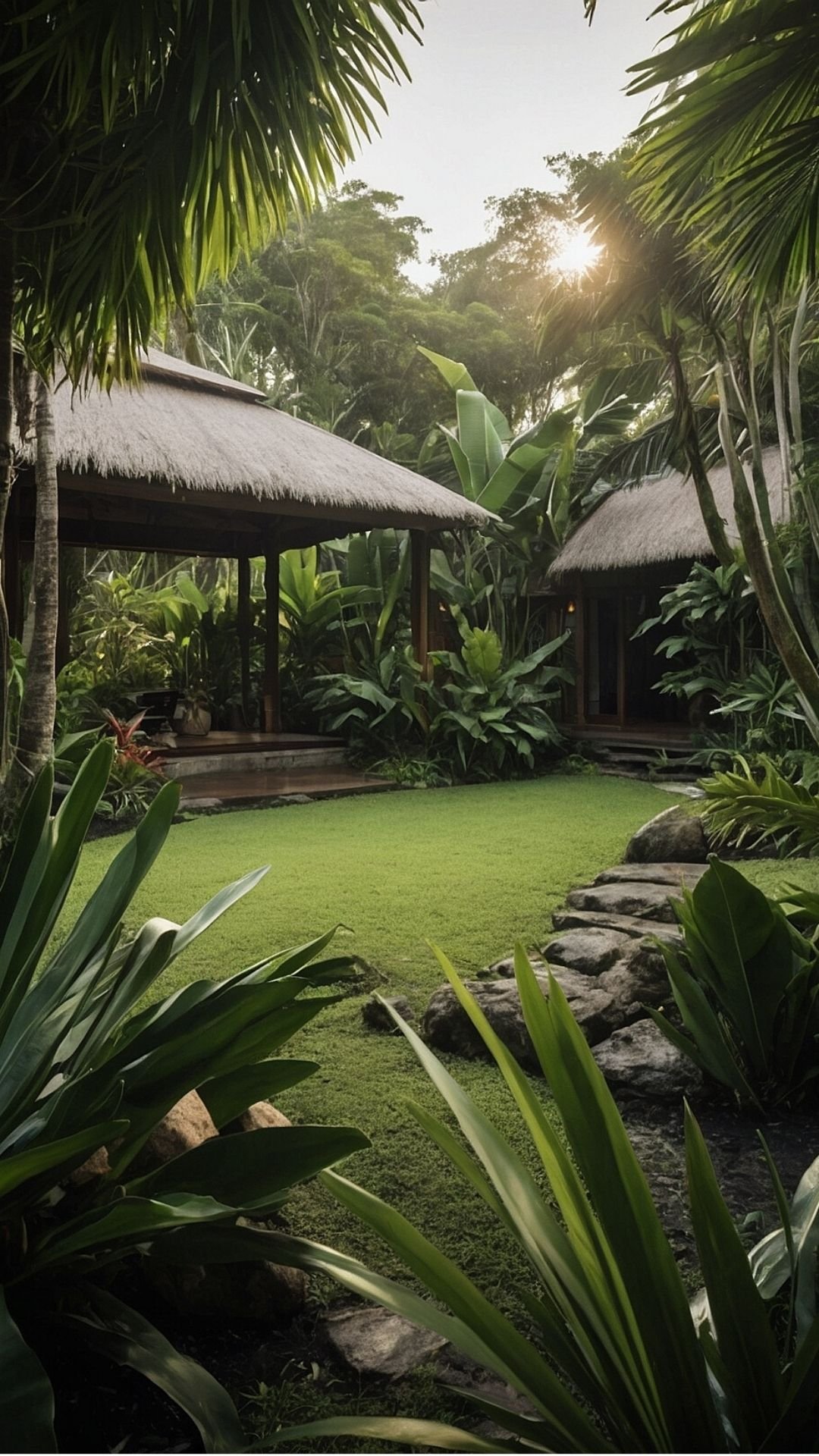 Hideaway Haven: Thatched Roof Tropical Gazebo Amidst Lush Greenery