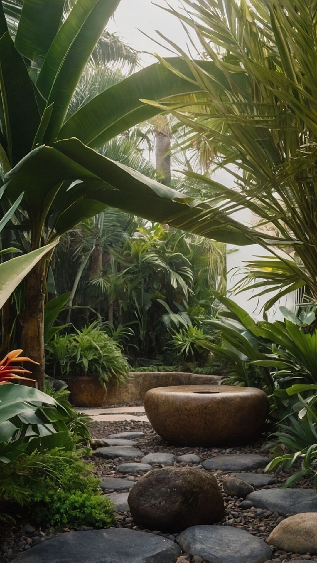Streamside Serenade: Peaceful Tropical Garden with Natural Rock Path