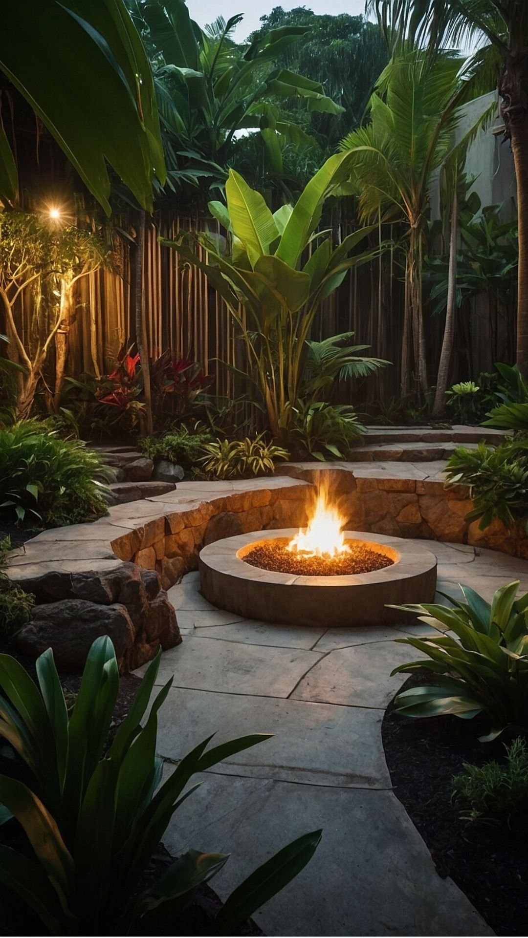 Evening Harmony: Cozy Fire Pit in a Tropical Garden Setting